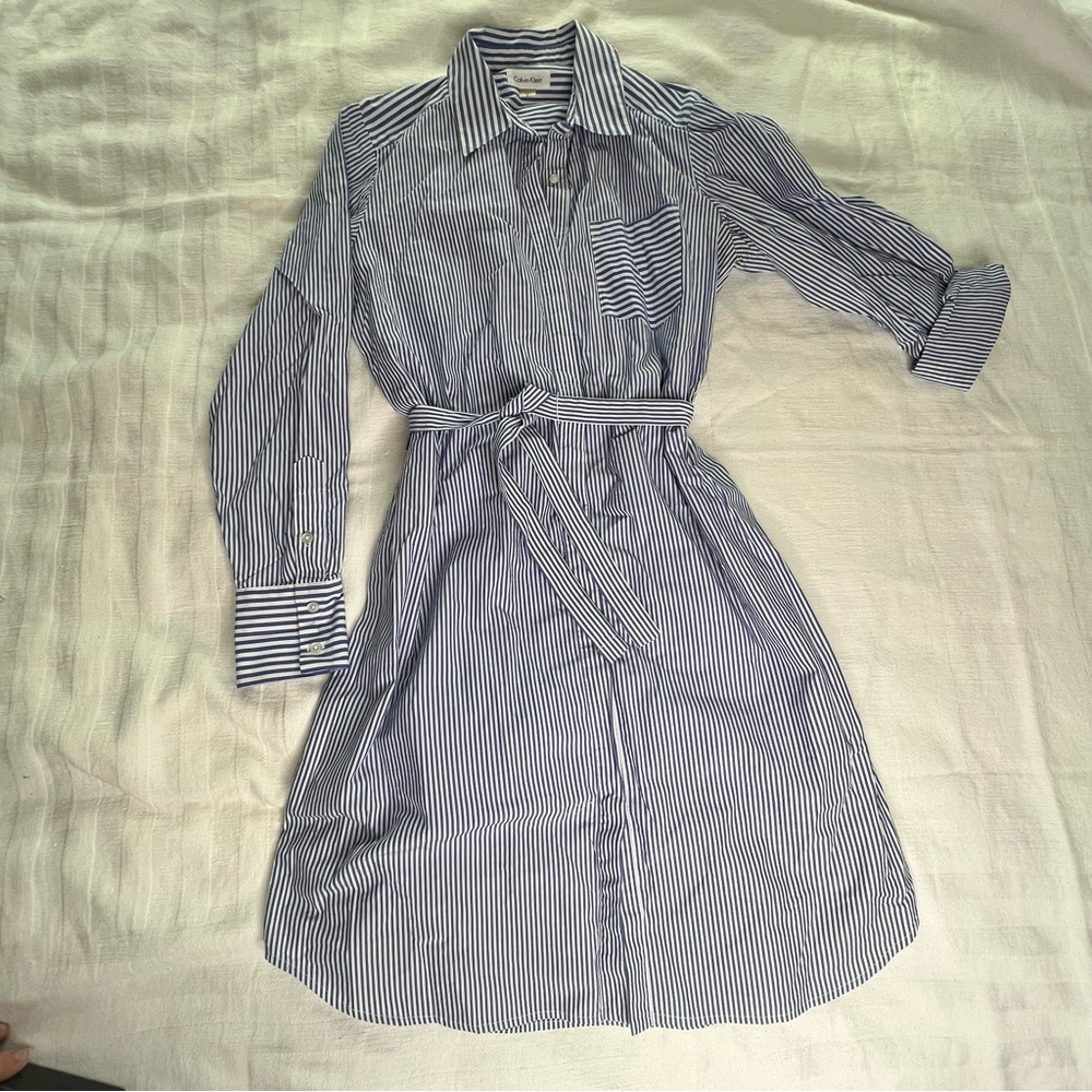 Calvin Klein Classic Striped Button-Up Long Sleeve Shirt Dress With Tie Waist